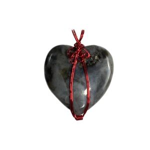 Black Moonstone Heart with Read Wire Wrap Necklace Pendant